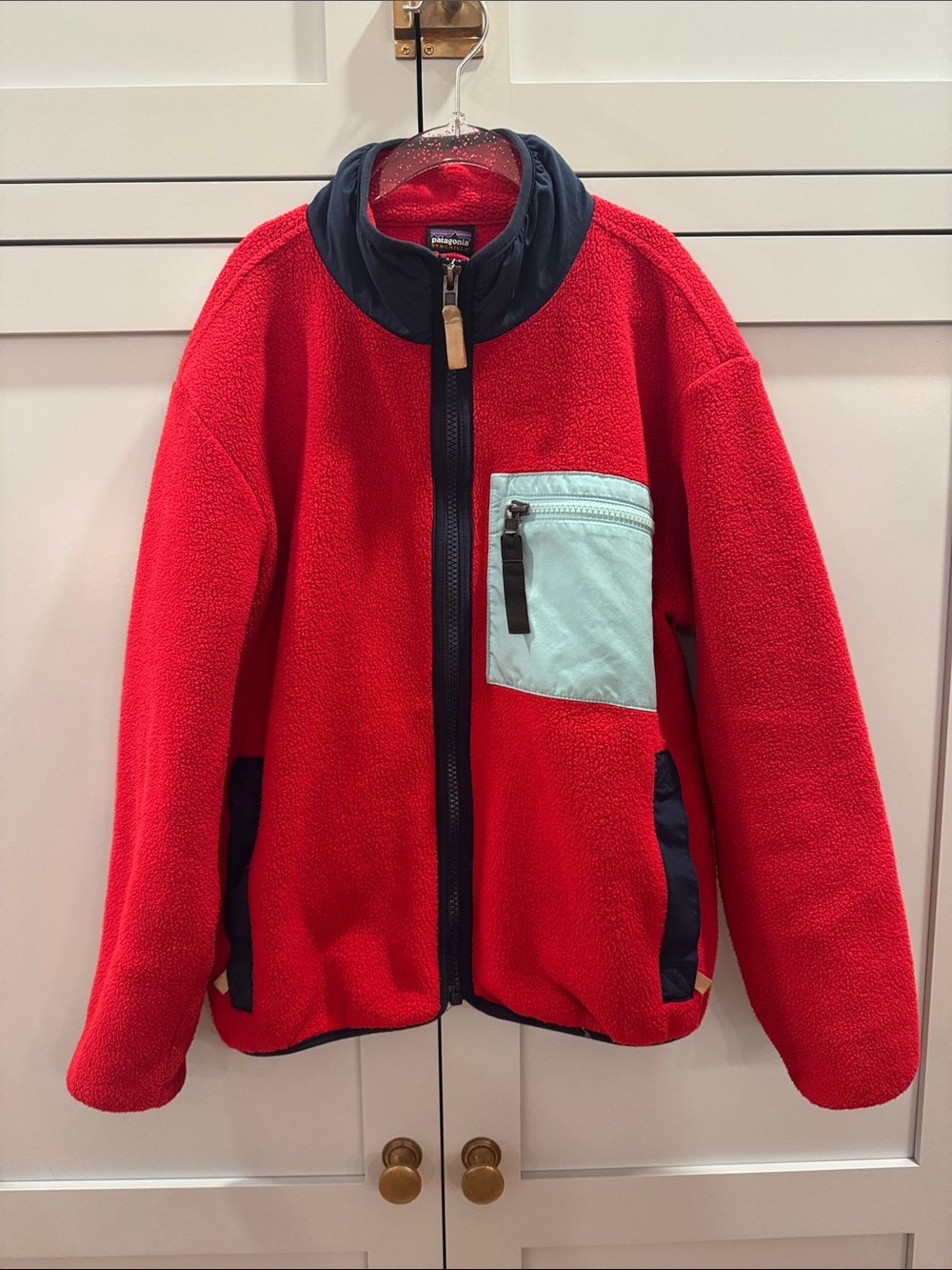 Patagonia Kids Red Fleece Jacket with Light Blue Pocket and Navy Trim size M
